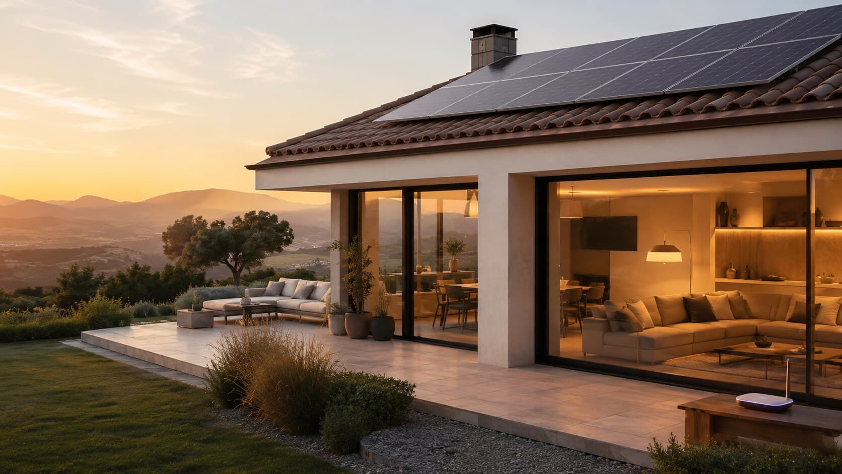 Vivienda con placas solares al atardecer